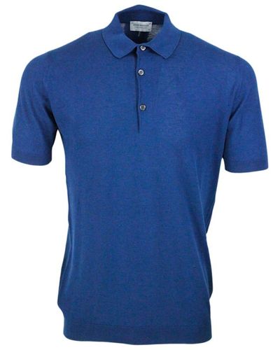 John Smedley Short-sleeved Polo Shirt In Extrafine Piqué Cotton Thread With Three Buttons - Blue
