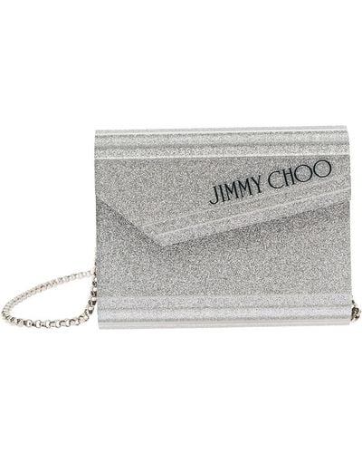 Jimmy Choo Silver Compact Clutch Bag With Chain And Logo Detail In Glitter Acrylic - Grey