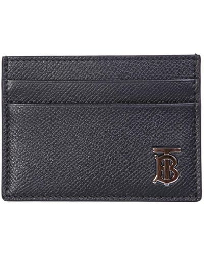 Burberry Compact Credit Card Holder In Grained Leather, Decorated With Monogram Thomas Palladium Plated - Blue