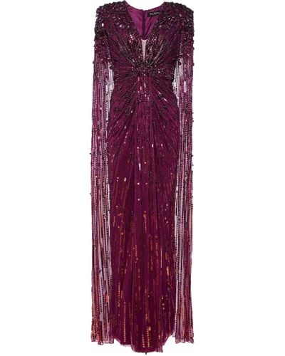 Jenny Packham Lotus Cape-effect Embellished Sequined Tulle Gown - Purple