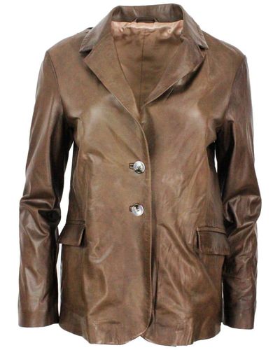 Barba Napoli Soft Leather Blazer Jacket With 2 Button Closure And Flap Pockets - Brown