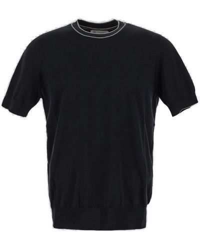 Brunello Cucinelli Striped-Neck Short-Sleeved Fine-Knitted Jumper - Black