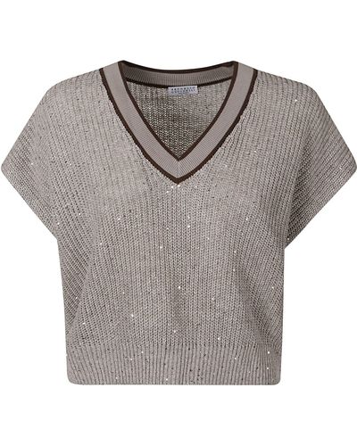 Brunello Cucinelli V-Neck Cropped Knit Sweater - Gray