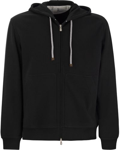 Brunello Cucinelli Techno Cotton Interlock Zip-Front Hooded Sweatshirt - Black