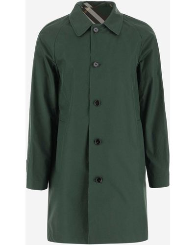 Burberry Cotton Gabardine Coat With Check Pattern - Green