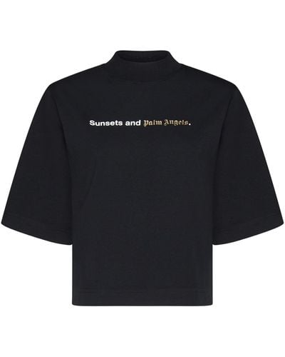 Palm Angels Sunsets Slogan T-shirt In Black/white - Blue