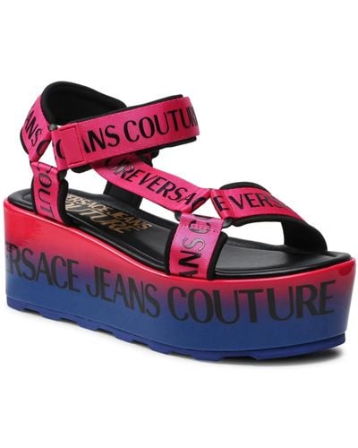 Versace Jeans Couture Shoes Fondo Mallory Dis. 93 Ribbon With Printed Logo On Wedge - Blue