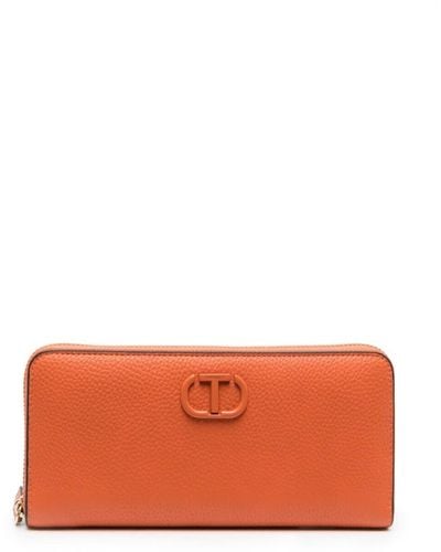 Twin Set Pebbled Wallet With Logo Plaque At The Front In Orange Vegan Leather