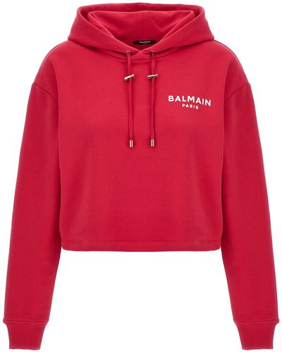 Balmain Flocked Logo Cropped Hoodie Sweatshirt - Red