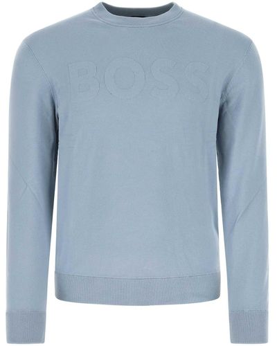 BOSS Pastel Light-blue Cotton Blend Sweater