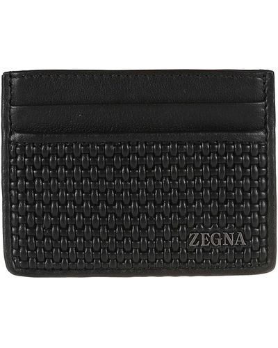 Zegna Logo Plaque Woven Card Holder - Black