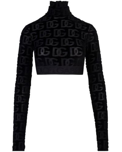 Dolce & Gabbana Logo Print Roll Neck Crop Top - Black