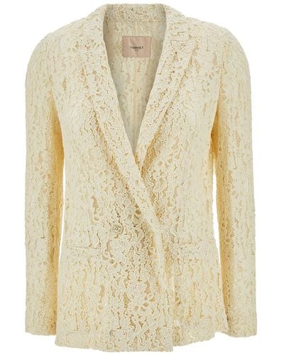 Twin Set Cream Double-Breasted Jacket With Logo Patch - Natural