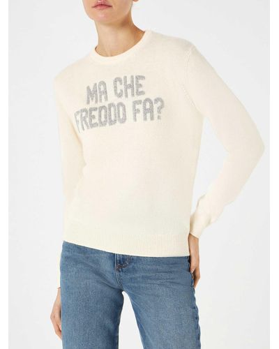 Mc2 Saint Barth Woman Sweater With Ma Che Freddo Fa? Print - White