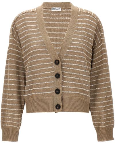 Brunello Cucinelli Sequin Striped Cardigan Sweater, Cardigans - Brown