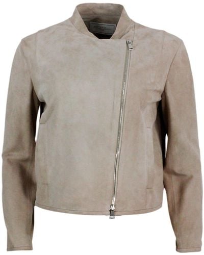 Antonelli Biker Jacket Made Of Soft Suede. Side Zip Closure And Pockets On The Front - Gray