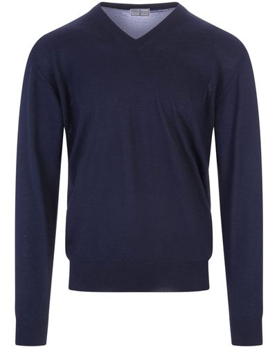 Fedeli Cashmere Pullover With V-Neck - Blue