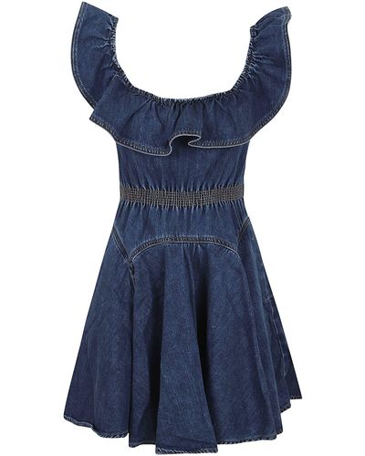 Self-Portrait Denim Ruffle Mini Dress - Blue