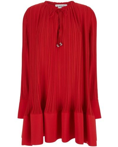 Lanvin Long Sleeve Flare Pleated Dress - Red