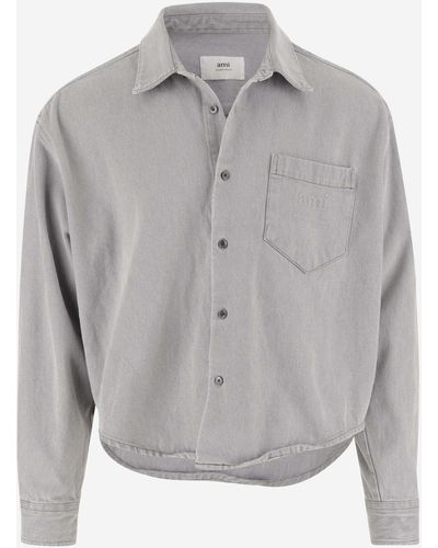Ami Paris Cotton Denim Shirt With Logo - Grey
