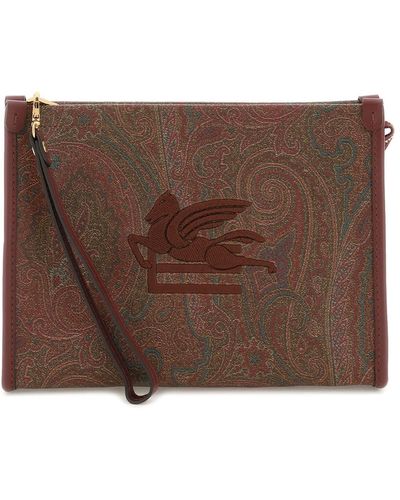 Etro Paisley Print Logo Embroidered Clutch - Brown