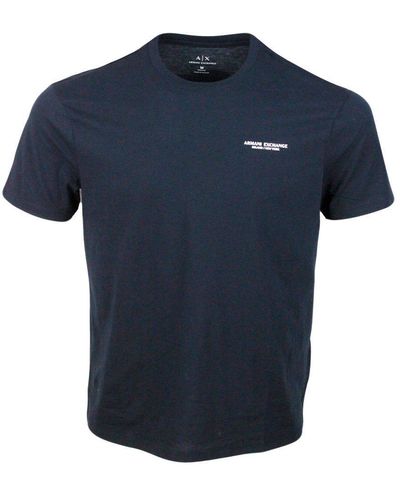 Armani Short-sleeved Crew-neck T-shirt In Stretch Cotton Jersey With Logo Lettering On The Chest - Blue