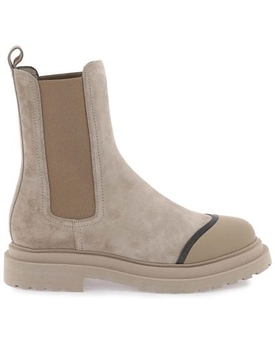 Brunello Cucinelli Suede Chelsea Boot With Precious Detail - Brown