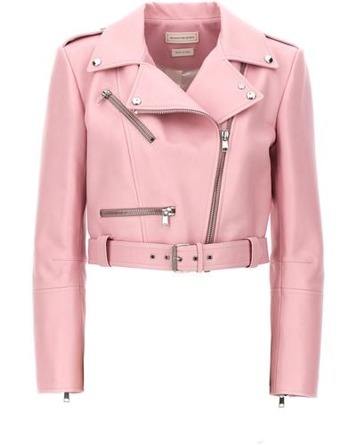 Alexander McQueen Notched-collar Cropped Leather Jacket - Pink