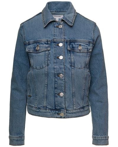 FRAME Light E Vintage Denim Jacket With Patch Pockets In Cotton - Blue