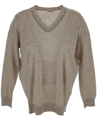 Brunello Cucinelli Cashmere And Silk Blend V-Necked Sweater - Gray