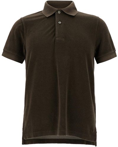 Tom Ford Brown Polo Shirt With Tonal Logo Embroidery In Cotton Blend Man - Black