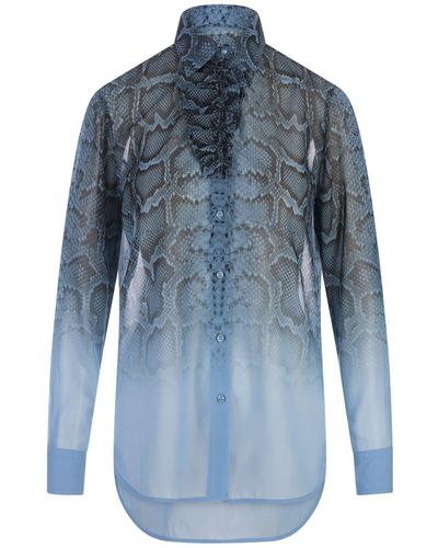 Ermanno Scervino Shirt With Ruffles And Degradé Python Print - Blue