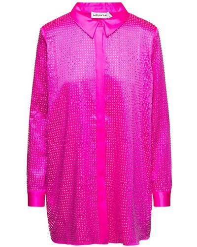 Self-Portrait Shirt With All-Over Crystal Embellishment - Pink