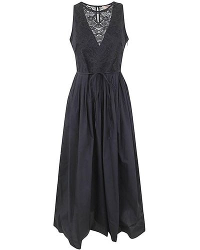 Twin Set Popeline Sleeveless Long Laced Dress With Corsage - Blue
