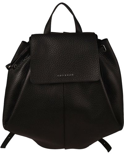 Orciani Grained Leather Logo Flap Bucket Backpack - Black