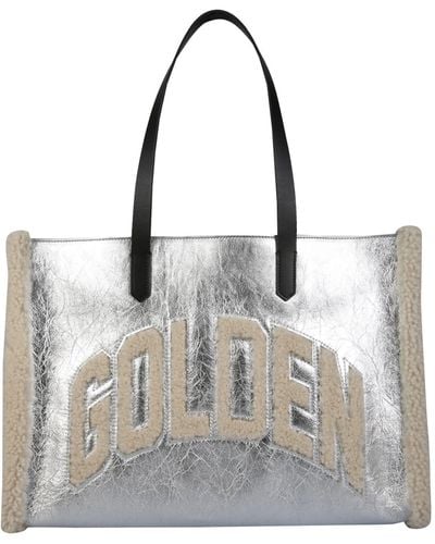 Golden Goose East West Laminated Leather California Bag With Shearling Details - White
