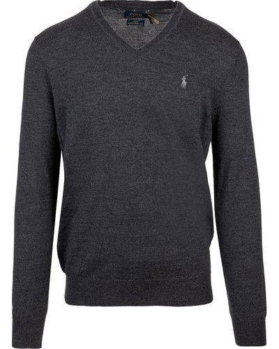 Ralph Lauren Logo Embroidered V-neck Sweater - Gray
