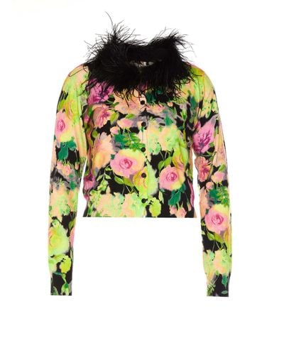 Twin Set Cardigan Flower Print With Feathers - Black