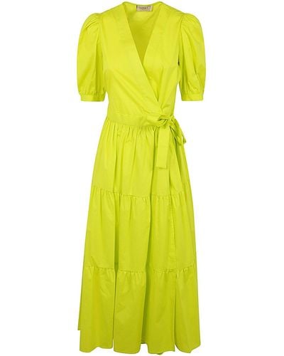 Twin Set Baloon Sleeve Belted Dress With Flounce - Yellow