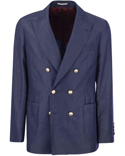 Brunello Cucinelli Single-breasted Jacket In Wool And Linen Twill - Blue