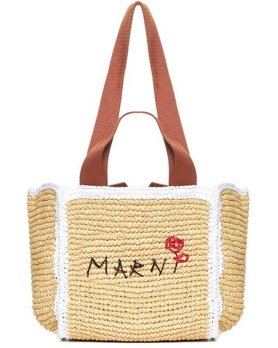 Marni Logo Embroidered Woven Top Handle Bag - Metallic