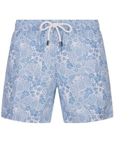 Fedeli Sky Swim Shorts With Tropical Pattern - Blue