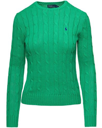 Ralph Lauren Juliana Cable Knit Pullover With Contrasting Embroidered Logo - Green