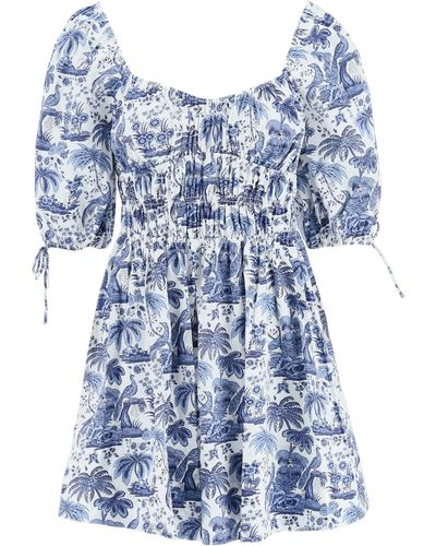 STAUD 'Faye' Toile De Jouy Mini Cotton Dress - Blue