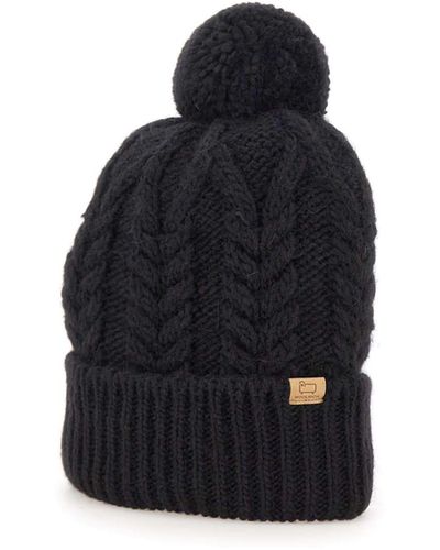 Woolrich Cable Pom Pom Beanie Wool And Alpaca Cap - Blue