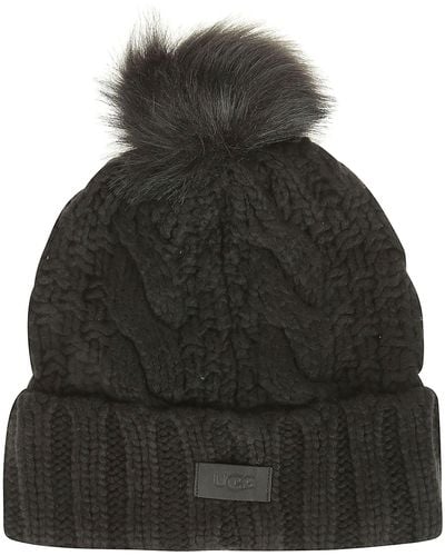 UGG W Knit Cable Hat W F Fur Pom Black