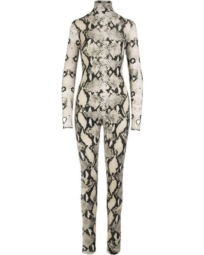 Roberto Cavalli Beige And Black Fitted Jumpsuit With Python Print - Natural