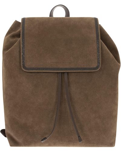Brunello Cucinelli Suede Backpack With Precious Contour - Brown