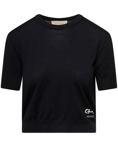 Gucci Cropped T-Shirt With Logo Embroidery And Horsebit Intarsia - Black