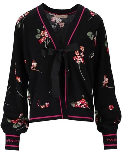 Twin Set Bouquet Black Cardigan With Bow